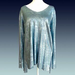 Chico's Blue Floral V-Neck Sweater, Metallic Sheen, MEDIUM